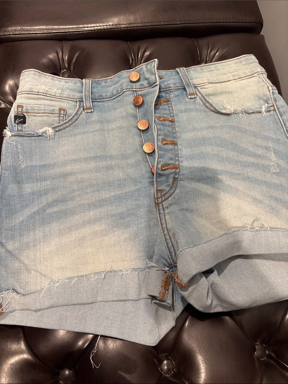 KanCan Light Blue Distressed Button-Front Jean Shorts